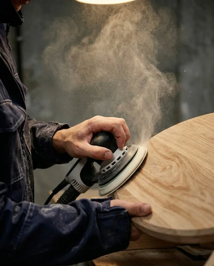 Craftsman sanding a round tabletop
